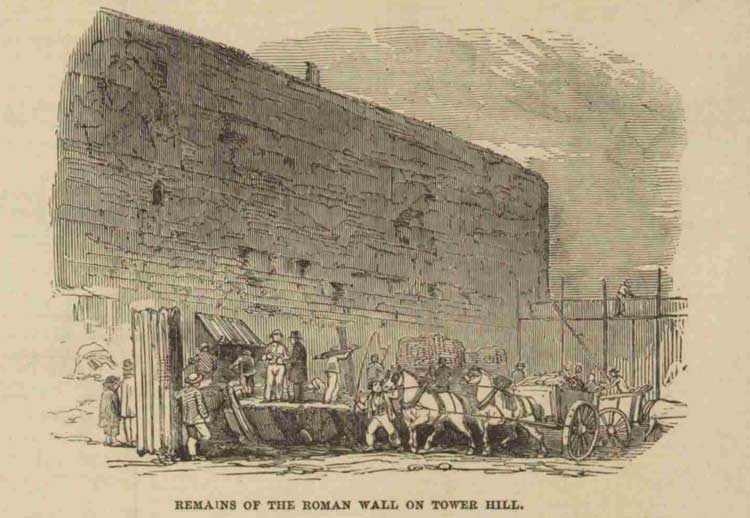 Another illustration of the Tower Hill Roman wall from 1852.