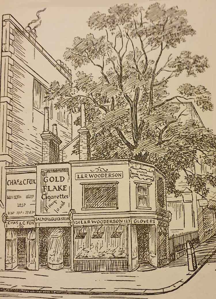 A sketch of the corner of Wood Street in 1928.